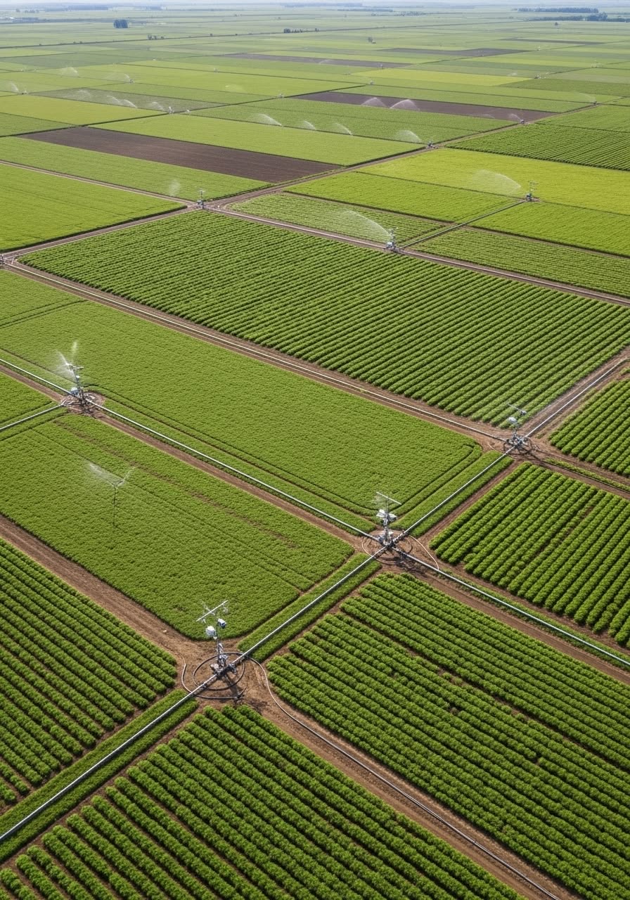 Rows of green crops with irrigation sprinklers